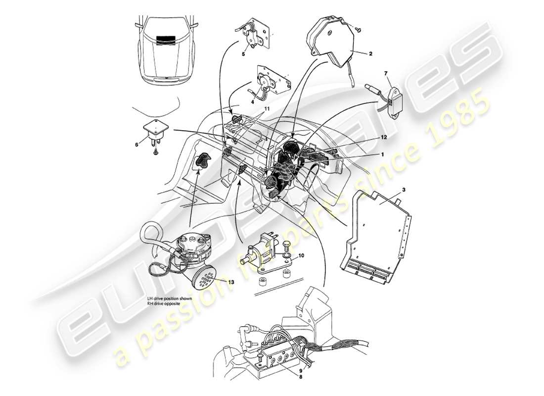 aston martin v8 volante (1997) capteurs, commutateurs, solénoïdes, moteurs, etc. diagramme de pièces