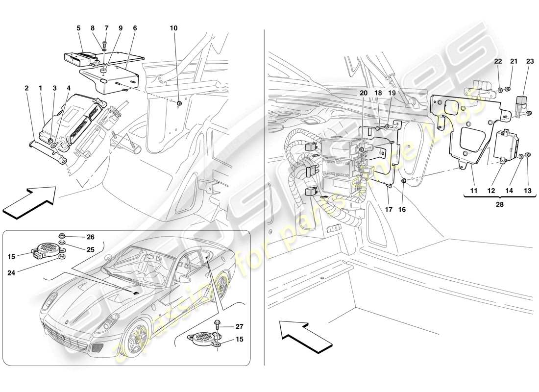 ferrari 599 gtb fiorano (usa) schéma des pièces des calculateurs de coffre à bagages