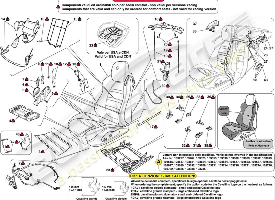 ferrari california (usa) siège avant - ceintures de sécurité schéma des pièces