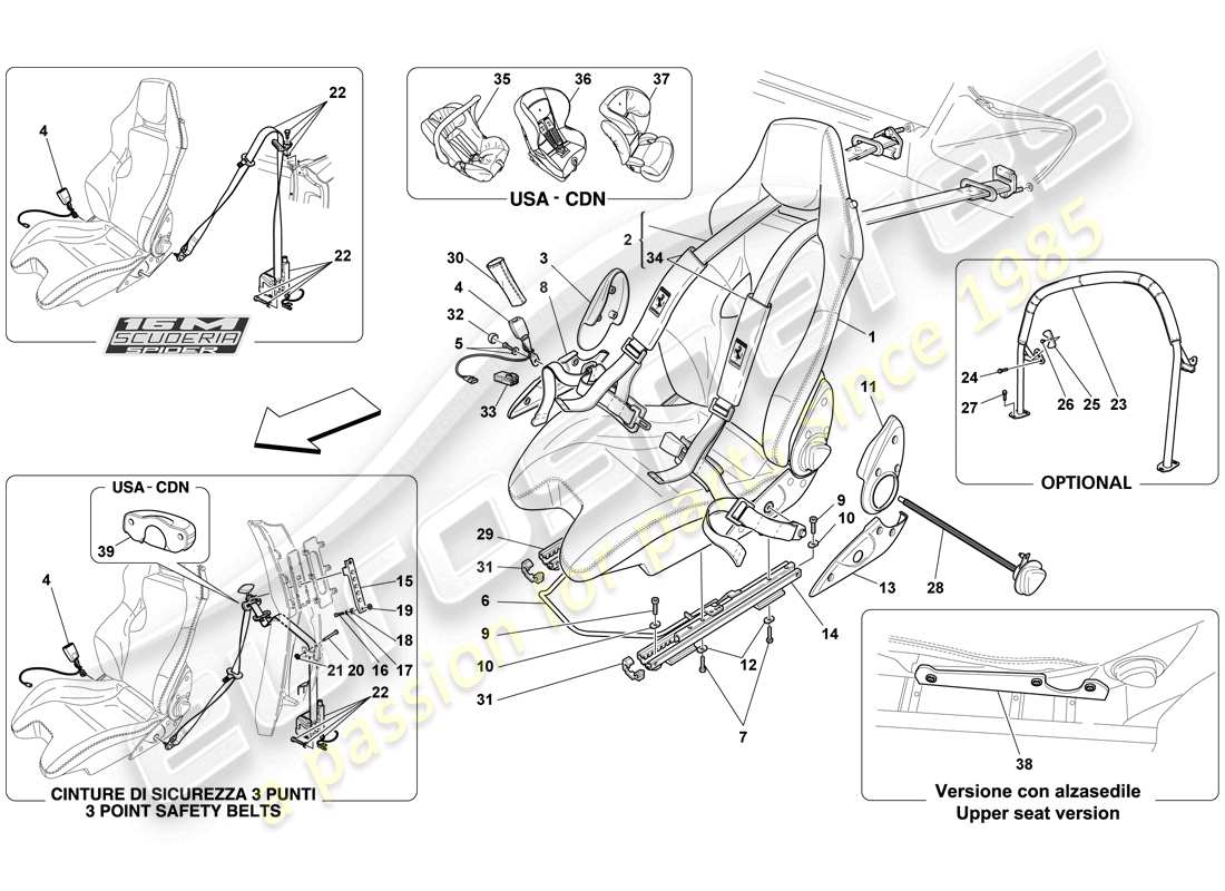 ferrari f430 scuderia spider 16m (usa) racing seat-4 point seat harnais-rollbar schéma des pièces