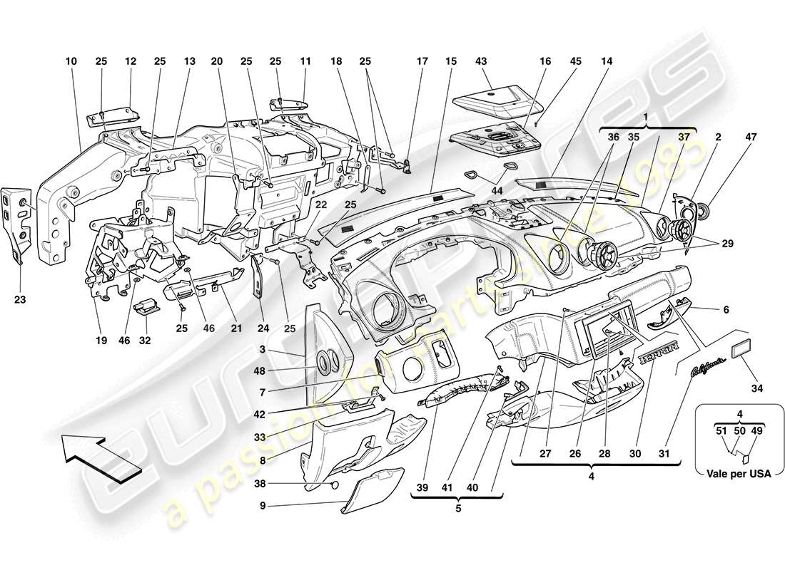 ferrari california (rhd) diagramme des pièces du tableau de bord