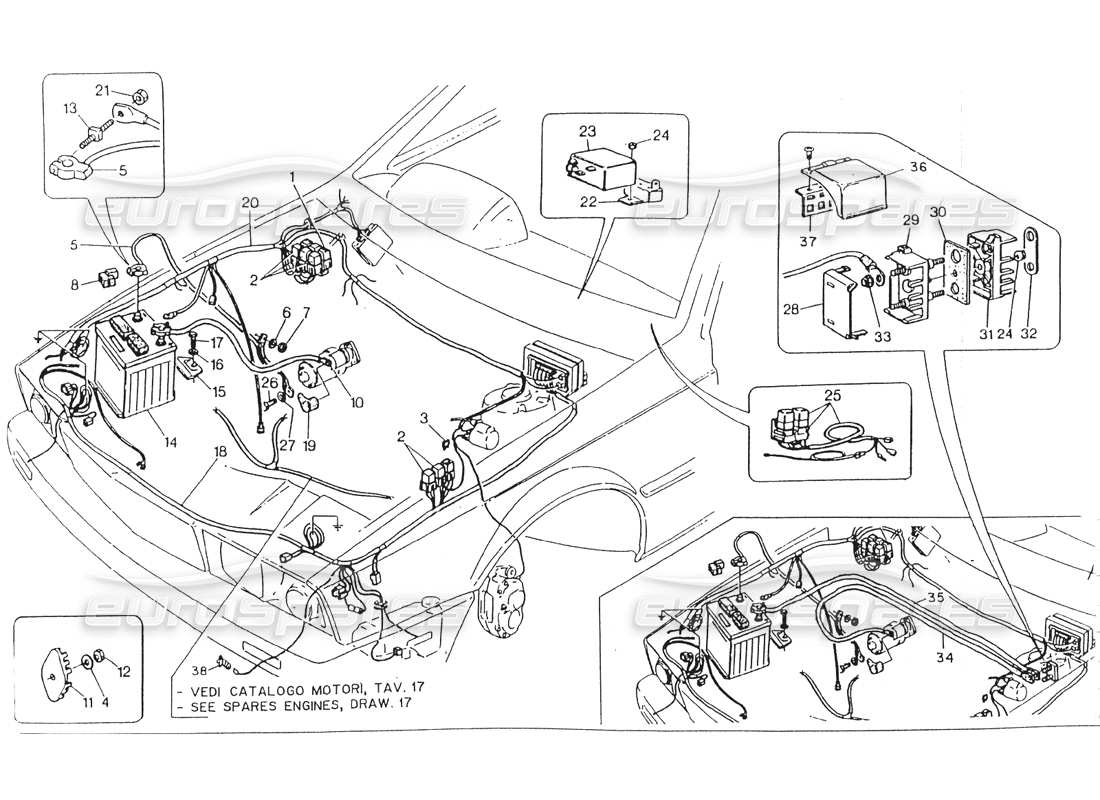 maserati 418 / 4.24v / 430 compartiment moteur. electr. système, direction droite. diagramme de pièce