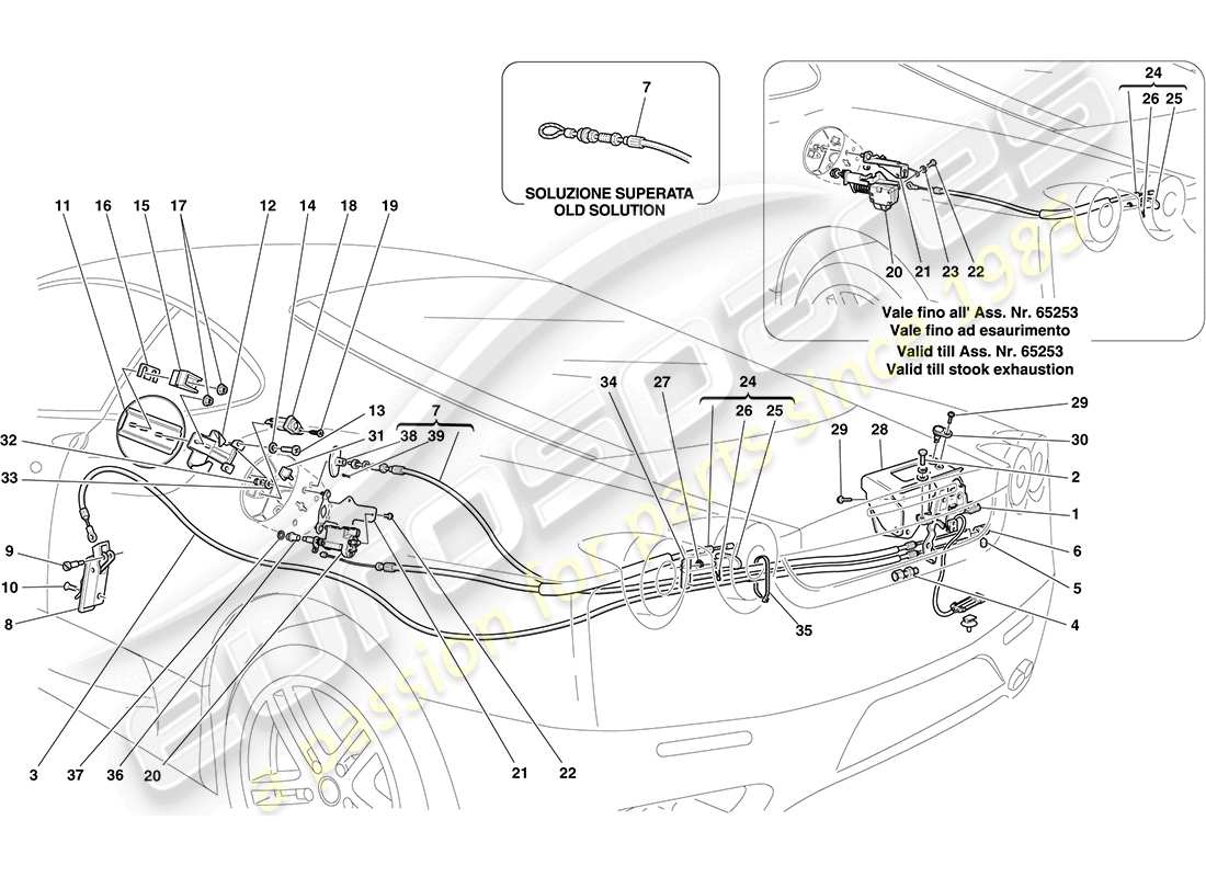 ferrari f430 coupe (europe) mécanismes d'ouverture du couvercle du compartiment moteur et de la trappe de remplissage de carburant schéma des pièces