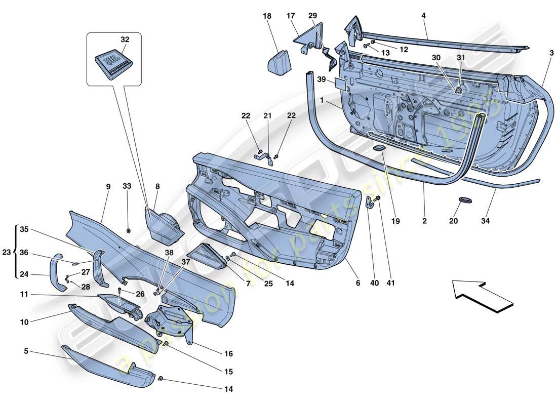 ferrari 458 spider (rhd) portes - sous-structure et garniture schéma des pièces