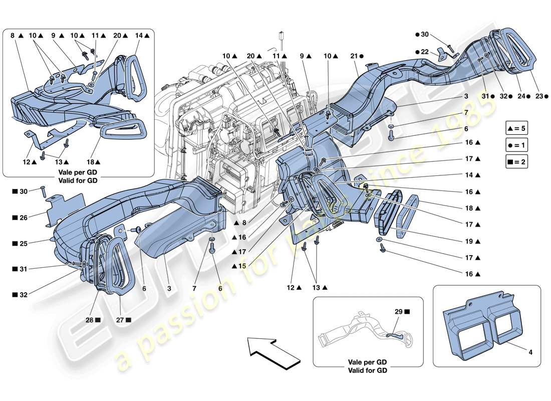 ferrari 458 spider (rhd) conduits d'air de tableau de bord schéma des pièces