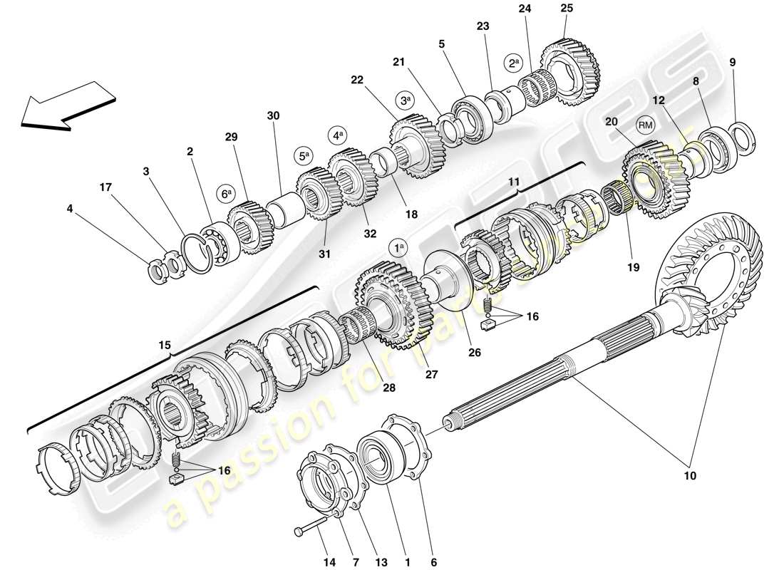 ferrari 612 scaglietti (rhd) engrenages d'arbre de boîte de vitesses secondaire schéma des pièces