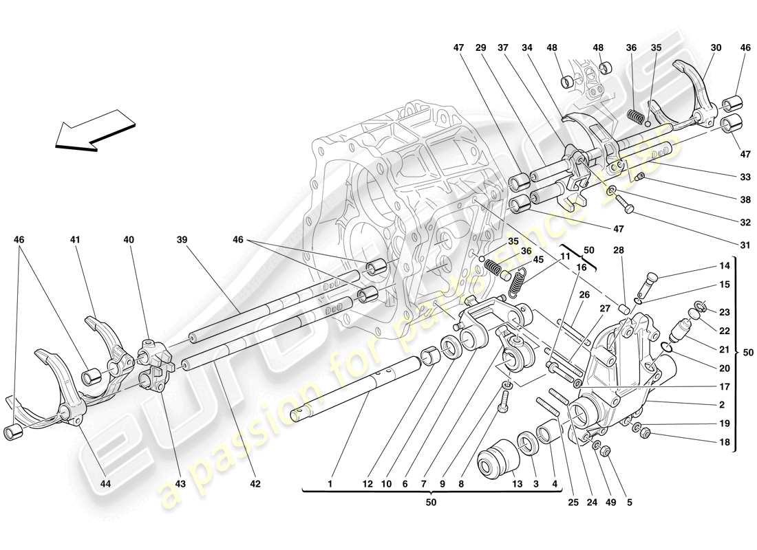 ferrari 612 scaglietti (europe) commandes internes de la boîte de vitesses schéma des pièces