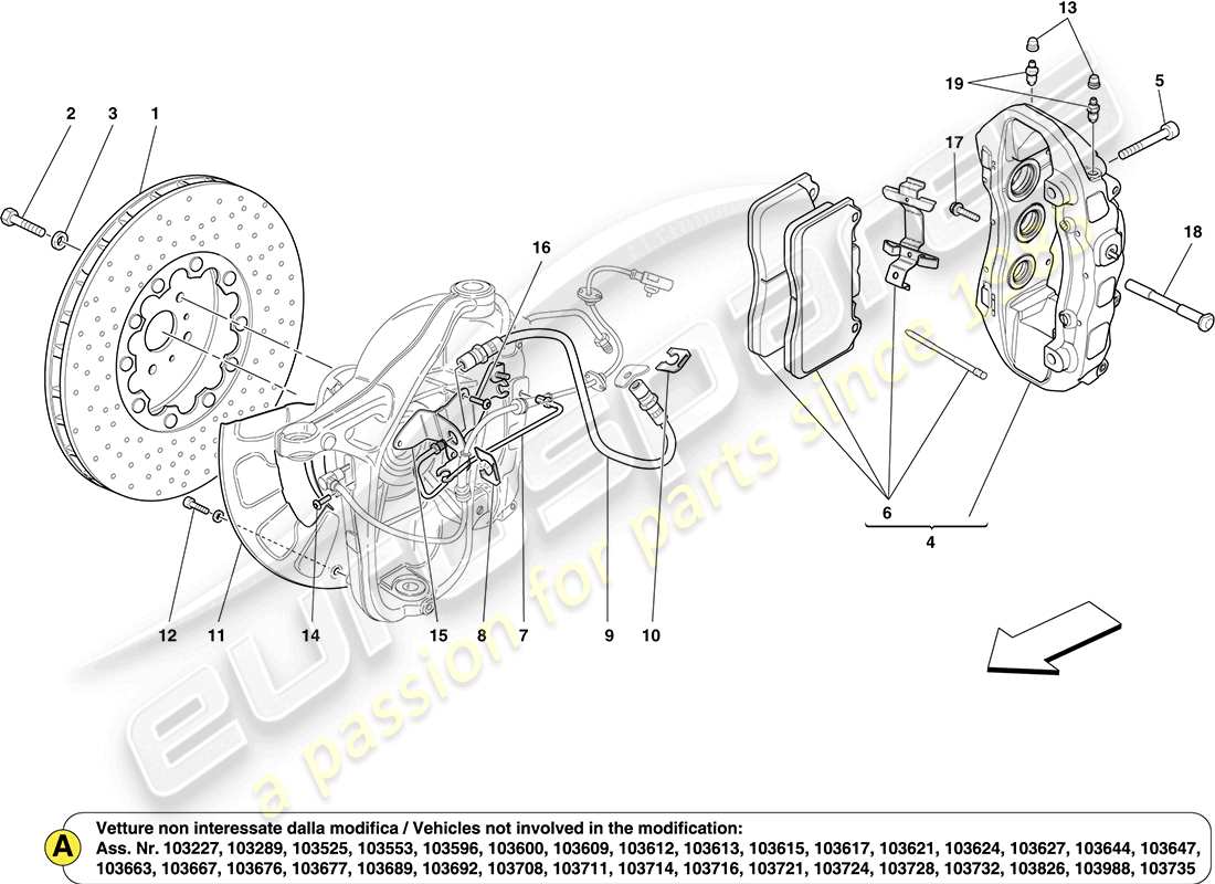 ferrari california (usa) composants du système de freinage des roues avant schéma des pièces