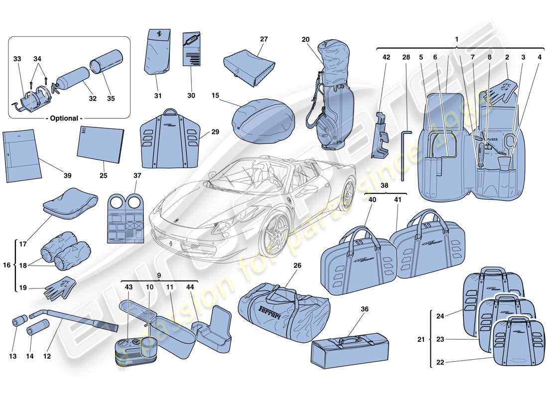 ferrari 458 spider (rhd) outils et accessoires fournis avec le véhicule schéma des pièces