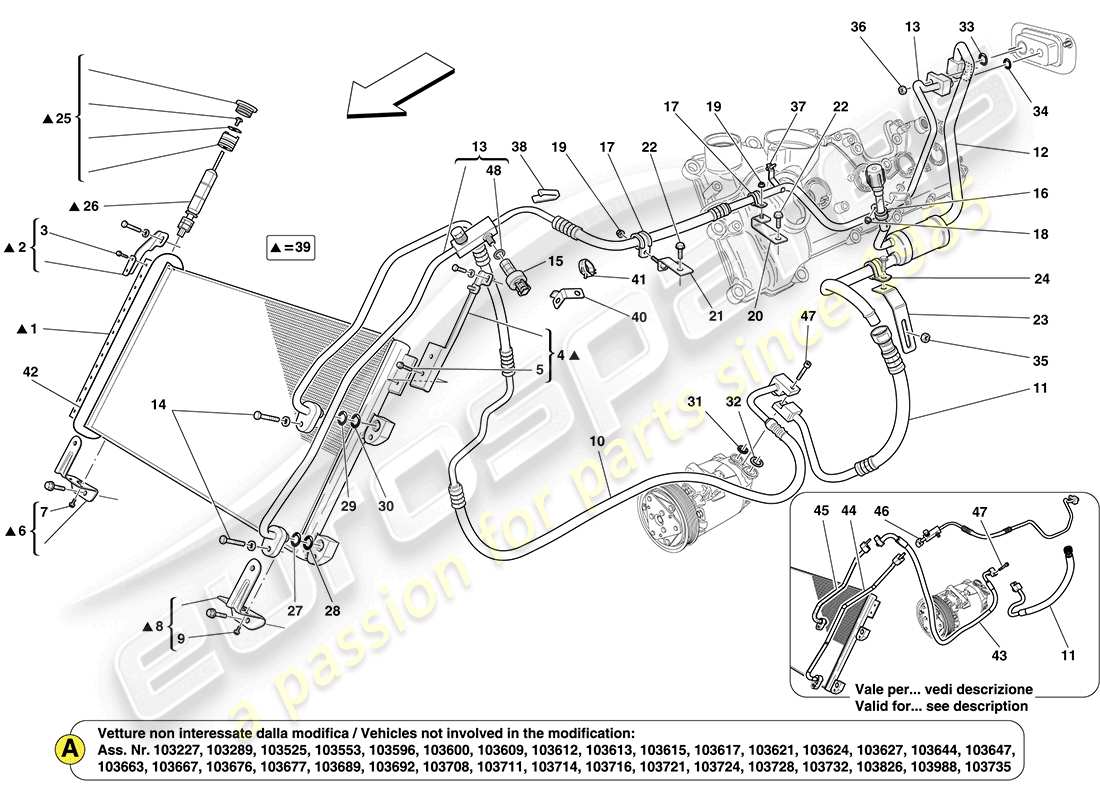 ferrari california (rhd) unité de climatisation : composants du compartiment moteur schéma des pièces