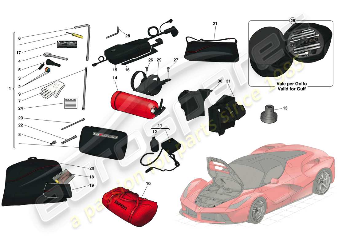 ferrari laferrari (europe) compartiment avant et outils fournis avec le véhicule schéma des pièces