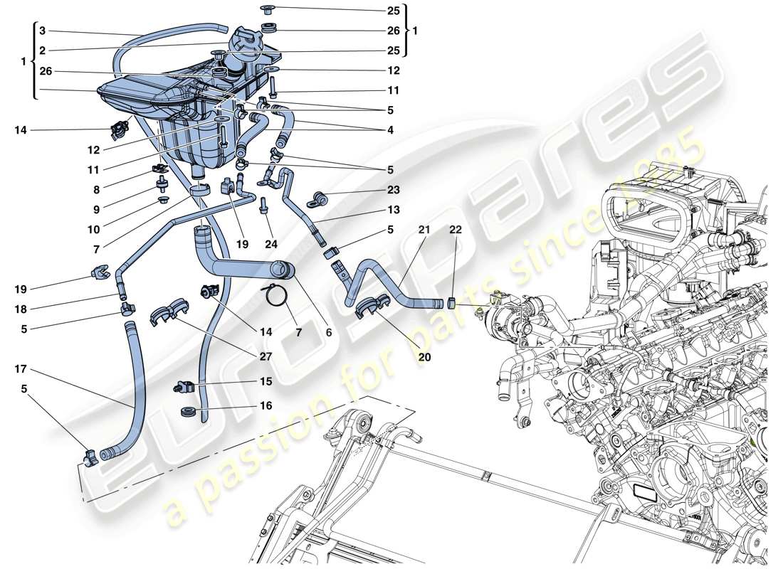 ferrari california t (rhd) refroidissement : réservoir collecteur et tuyaux schéma des pièces