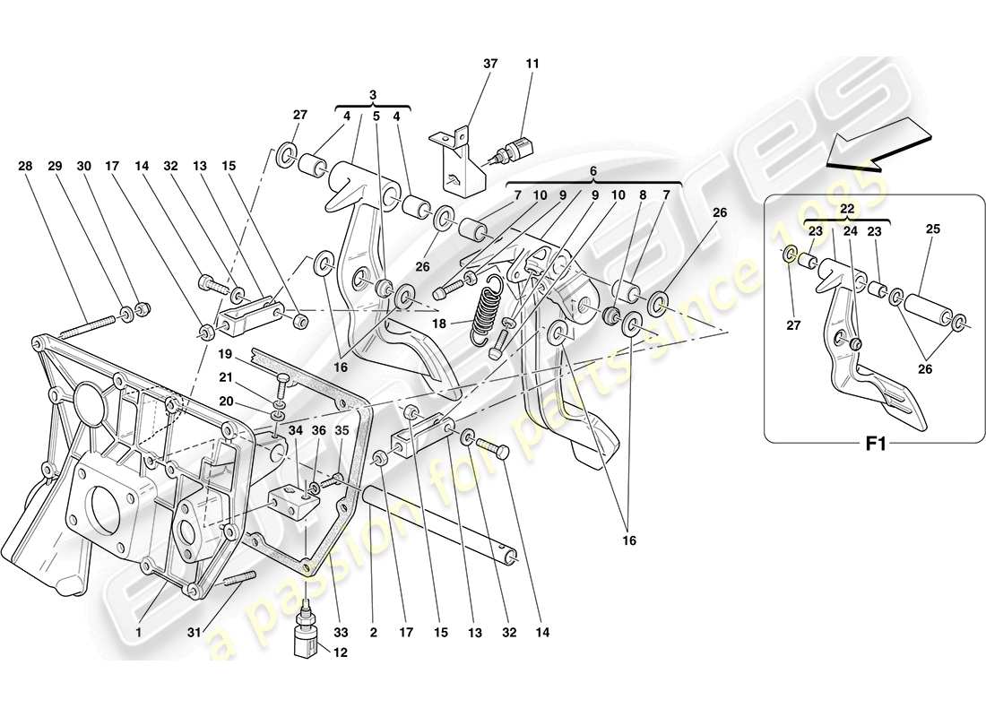 ferrari f430 coupe (rhd) diagramme des pièces du pedal board