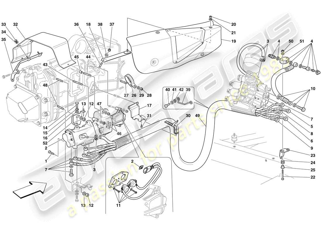 ferrari f430 scuderia (rhd) hydraulique f1 boîte de vitesses et commande d'embrayage schéma des pièces