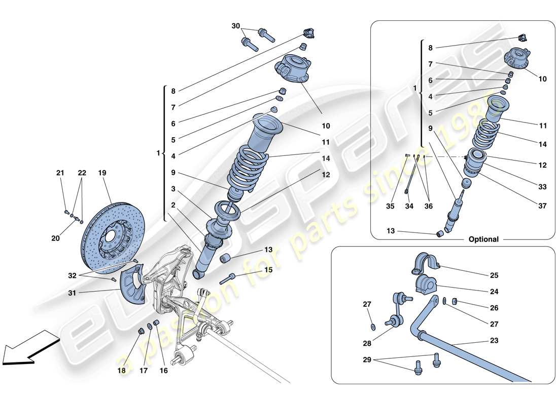 ferrari 458 spider (rhd) suspension avant - amortisseur et disque de frein schéma des pièces