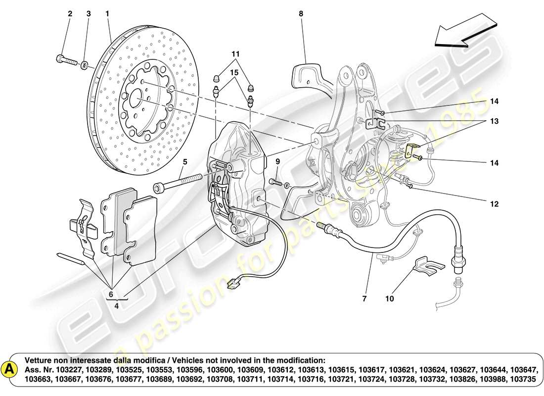 ferrari california (rhd) composants du système de freinage de la roue arrière schéma des pièces