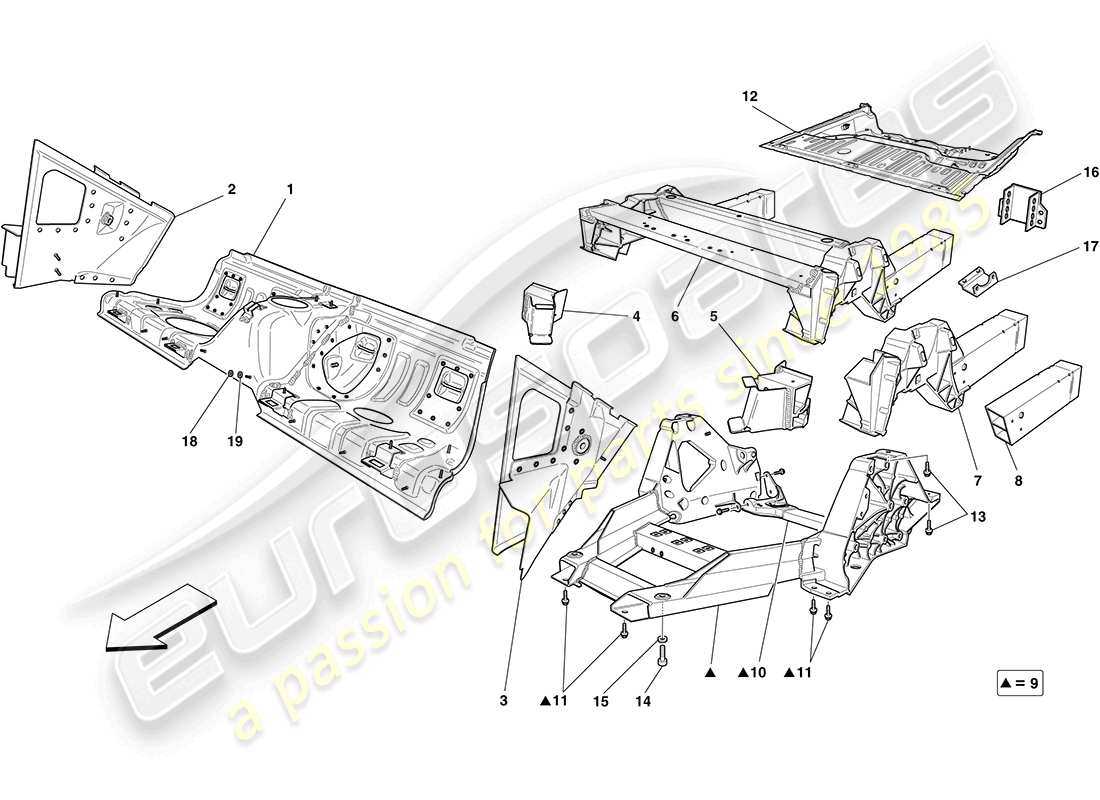 ferrari california (rhd) structures arrière et sections de caisse de châssis schéma des pièces