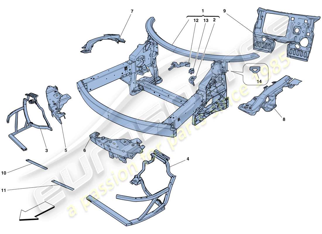 ferrari 458 spider (europe) châssis - structure avant complète et panneaux schéma des pièces