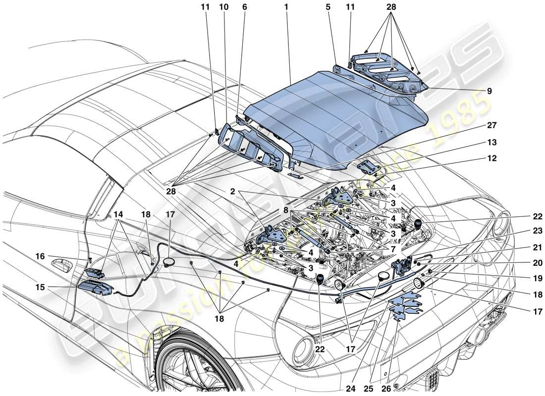 ferrari 488 spider (usa) couvercle du compartiment moteur et mécanisme de dégagement schéma des pièces