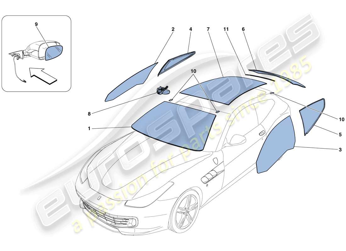 ferrari gtc4 lusso (rhd) écrans, fenêtres et joints schéma des pièces