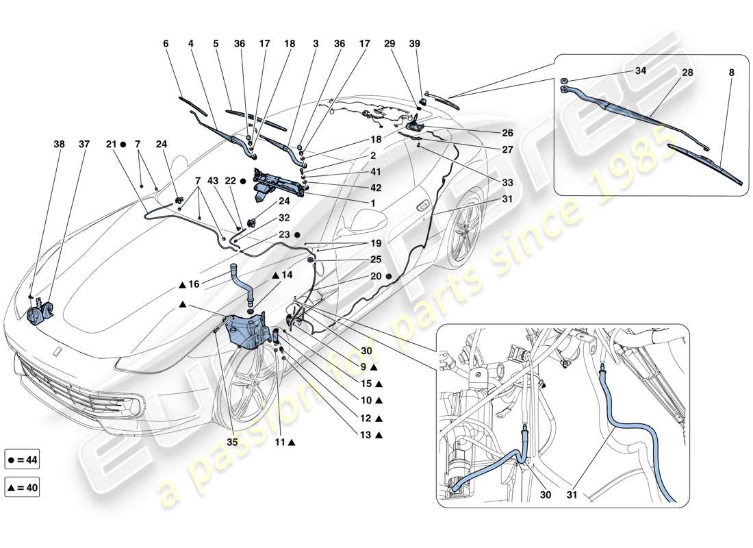 ferrari gtc4 lusso (europe) essuie-glace, rondelle glace et klaxons schéma des pièces