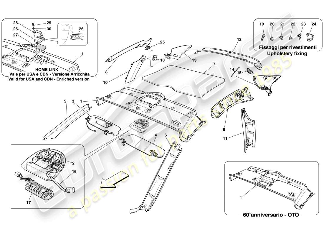 ferrari 612 sessanta (europe) garniture de pavillon et accessoires schéma des pièces