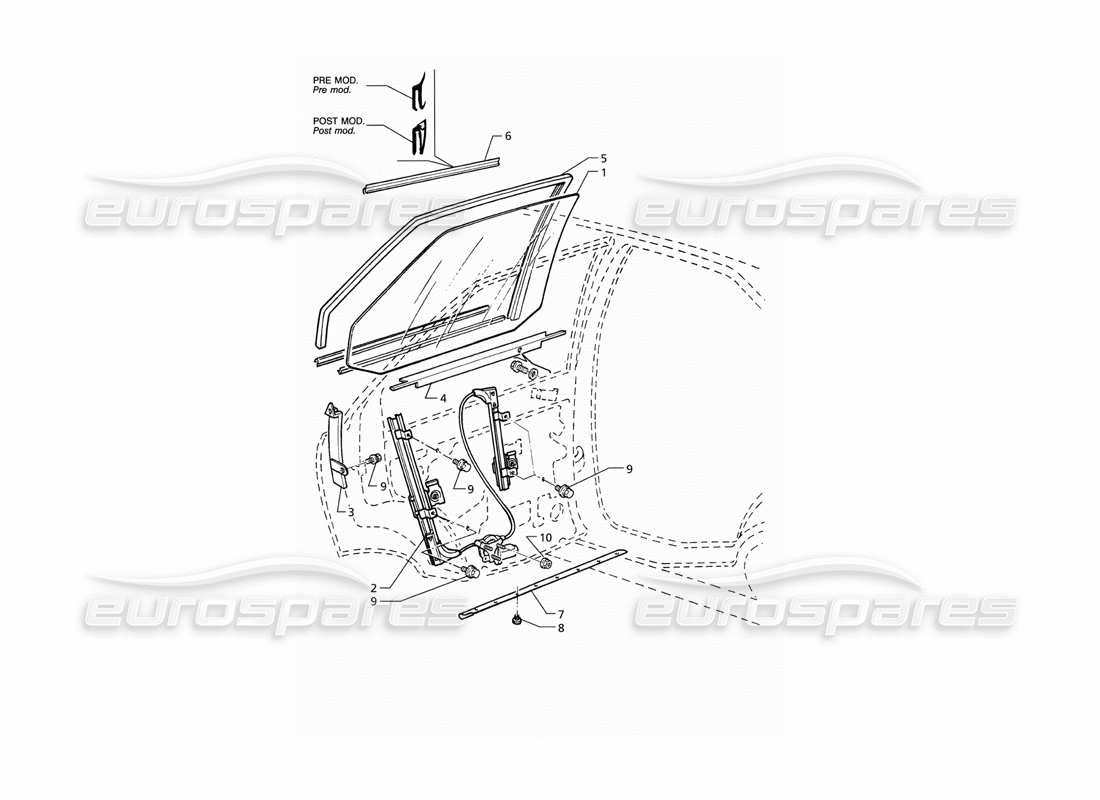 maserati qtp v8 (1998) portes arrière : diagramme de pièces des fenêtres et des régulateurs