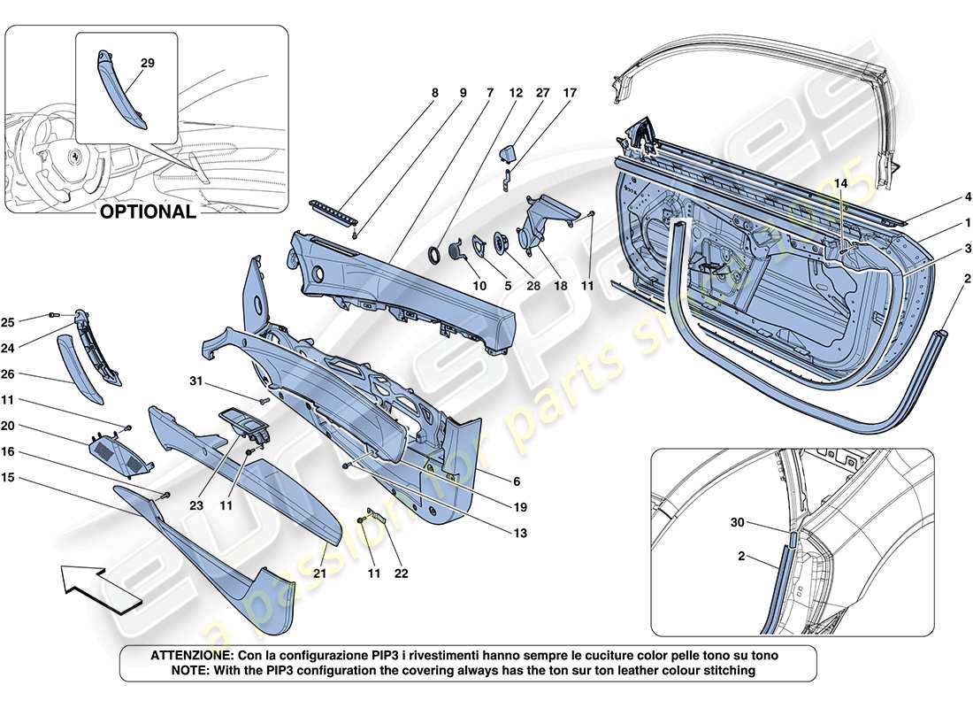 ferrari ff (rhd) portes - sous-structure et garniture schéma des pièces