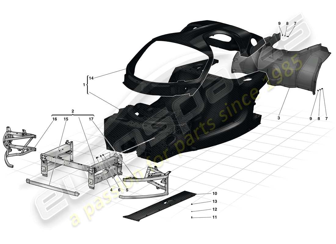 ferrari laferrari (europe) baignoire monocoque - sous-châssis avant - sous-traitement central plat schéma des pièces