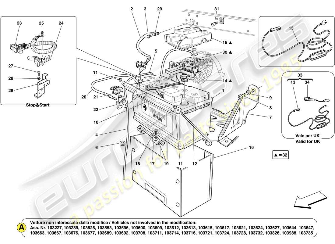 ferrari california (rhd) diagramme des pièces de la batterie
