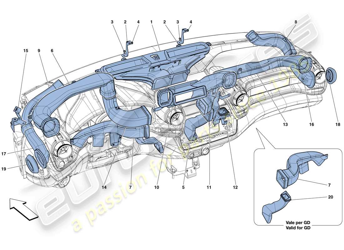 ferrari gtc4 lusso (usa) conduits d'air de tableau de bord schéma des pièces