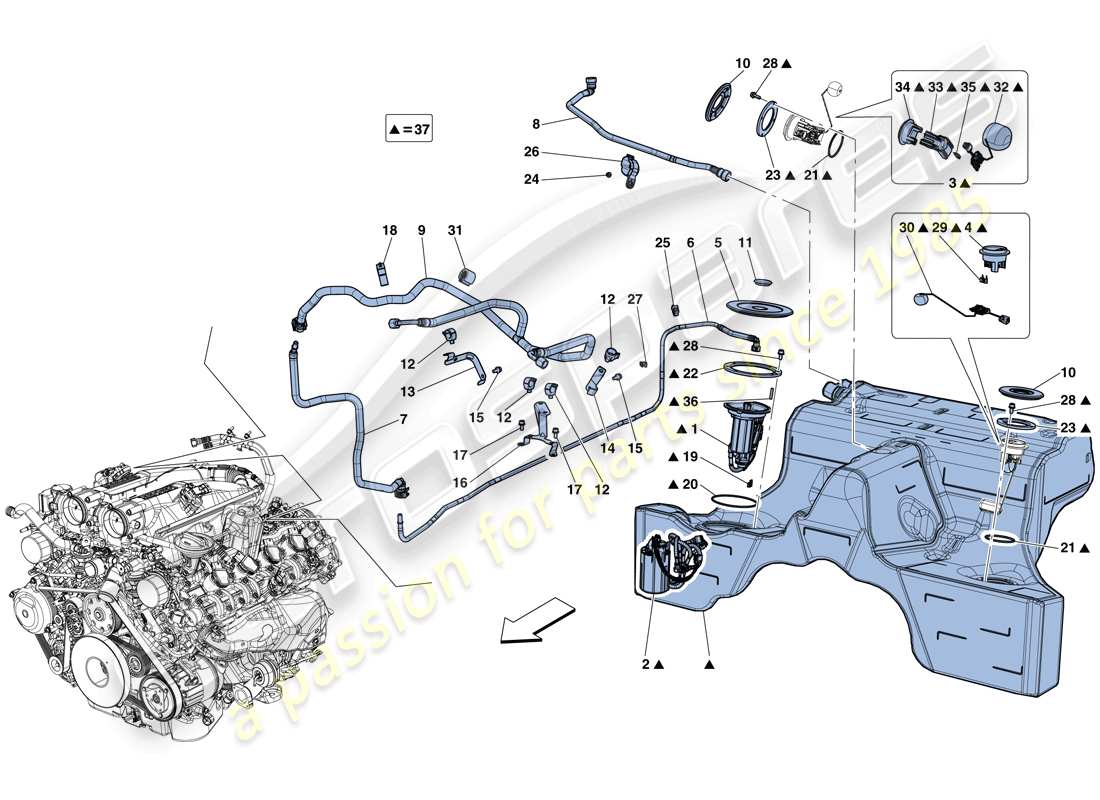 ferrari california t (rhd) pompe à essence et tuyaux de raccordement schéma des pièces