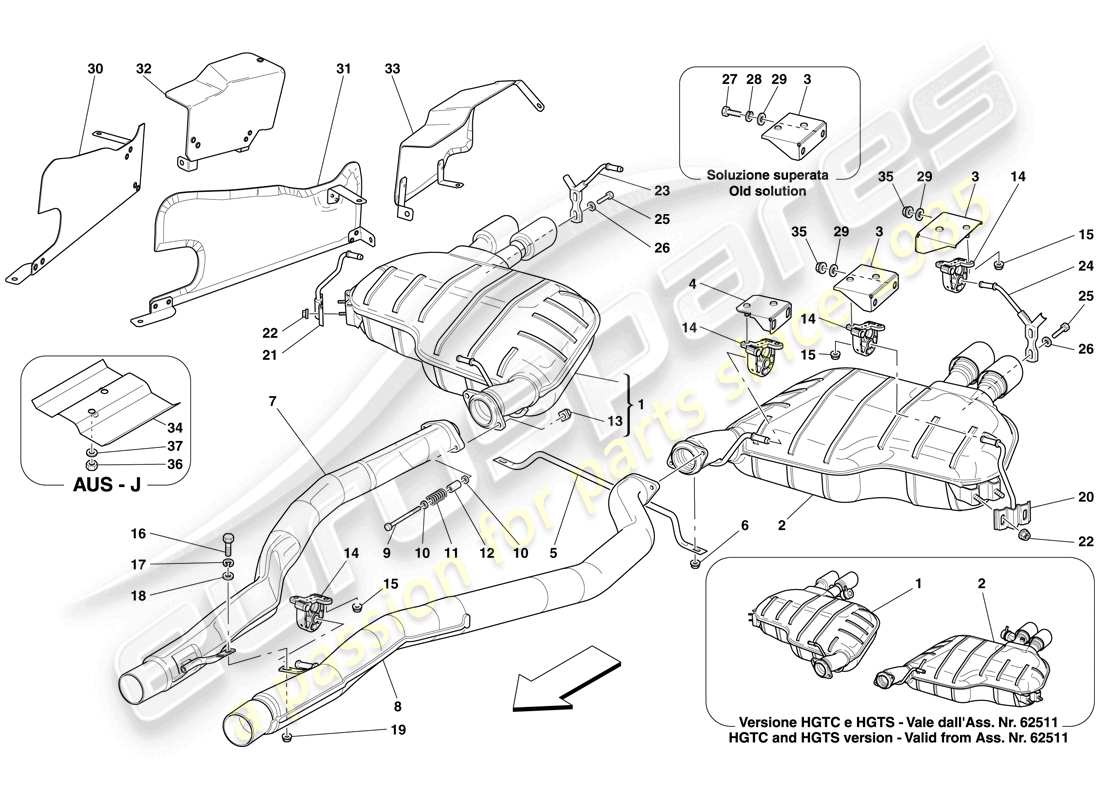 ferrari 612 scaglietti (rhd) système d'échappement arrière schéma des pièces