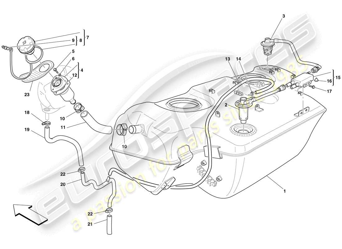 ferrari 599 gtb fiorano (europe) réservoir de carburant - col de remplissage et tuyaux schéma des pièces