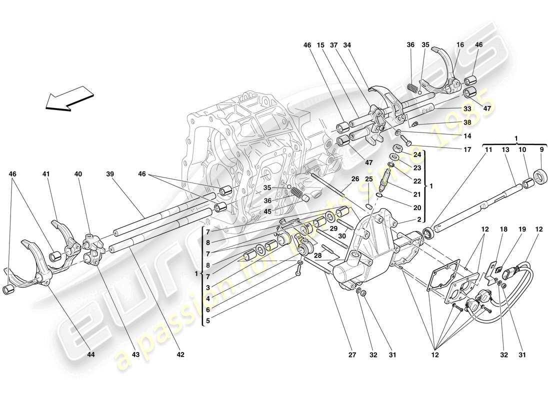 ferrari 599 gtb fiorano (europe) commandes internes de la boîte de vitesses schéma des pièces