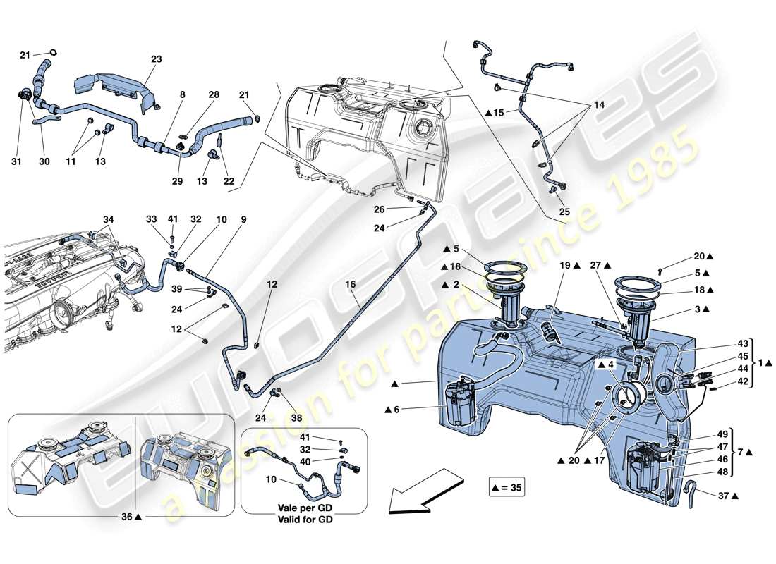 ferrari 812 superfast (rhd) réservoir de carburant, pompes et tuyaux du système de carburant schéma des pièces