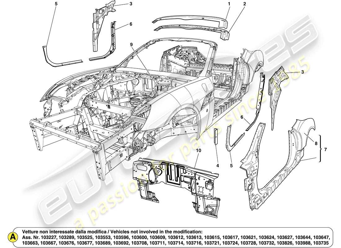 ferrari california (europe) carrosserie centrale et garniture extérieure schéma des pièces