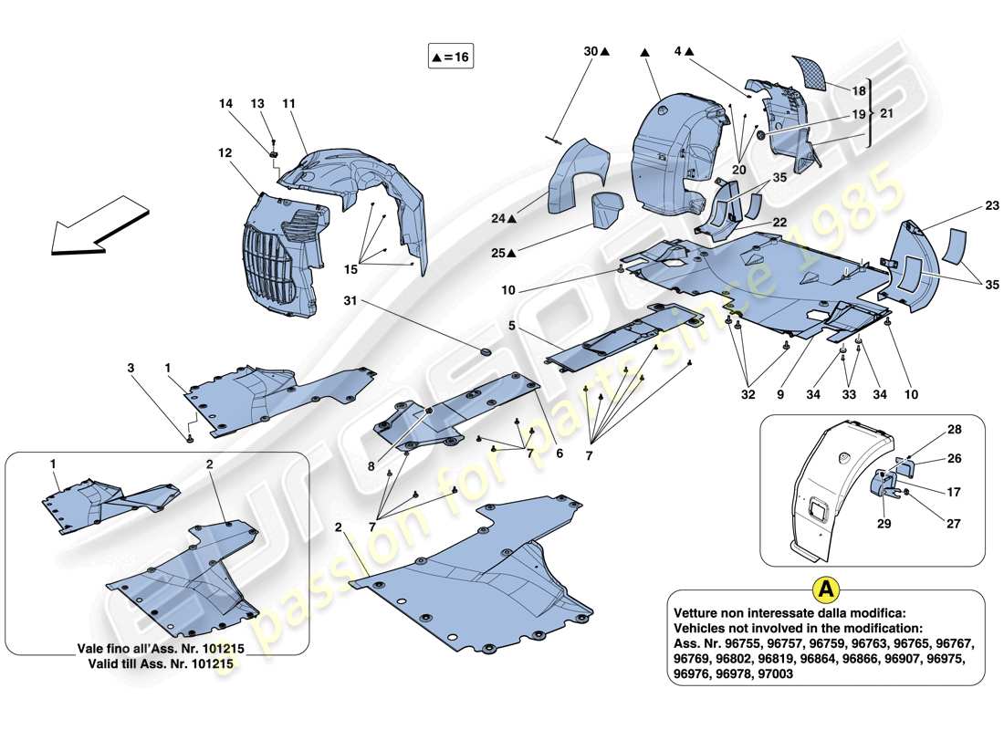 ferrari 458 italia (rhd) sous-travail plat et passages de roue schéma des pièces