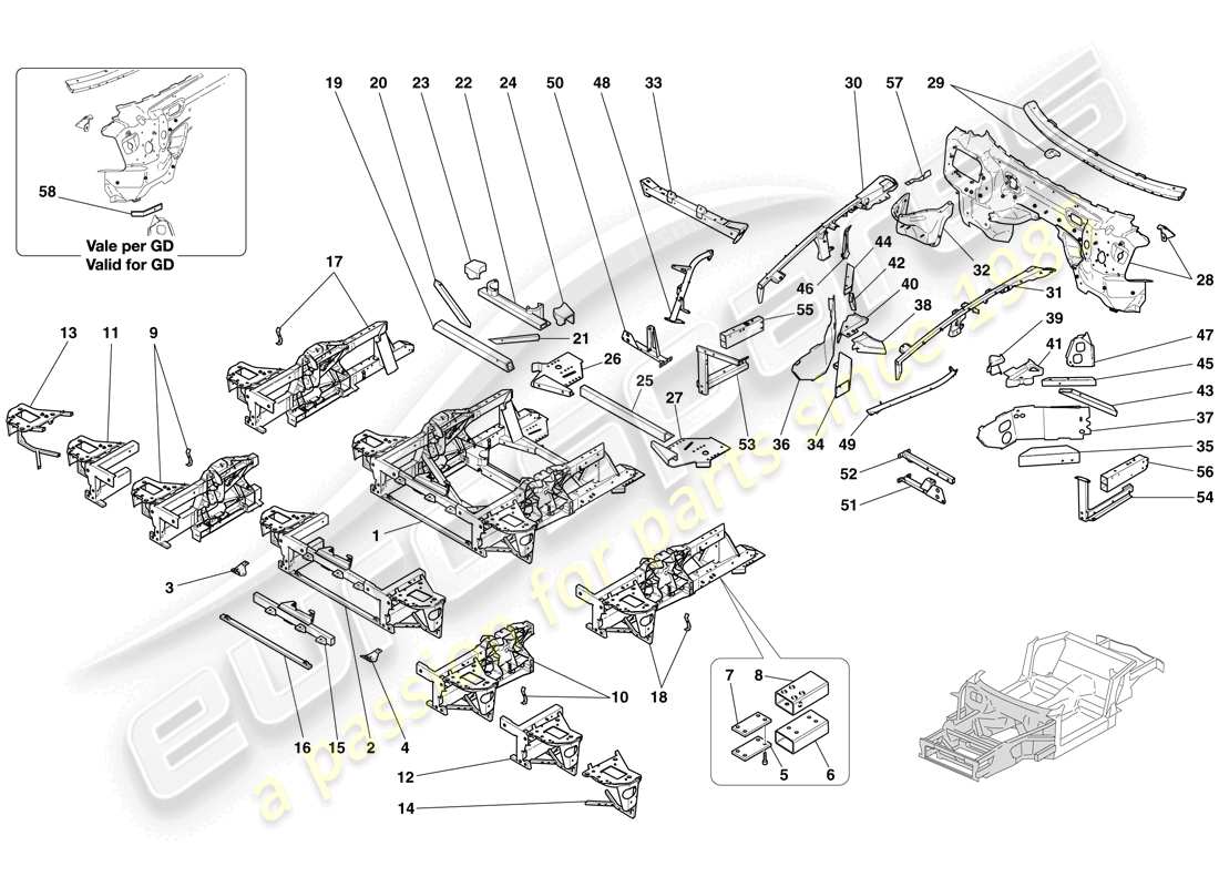 ferrari 612 sessanta (europe) structures et éléments, avant du véhicule schéma des pièces