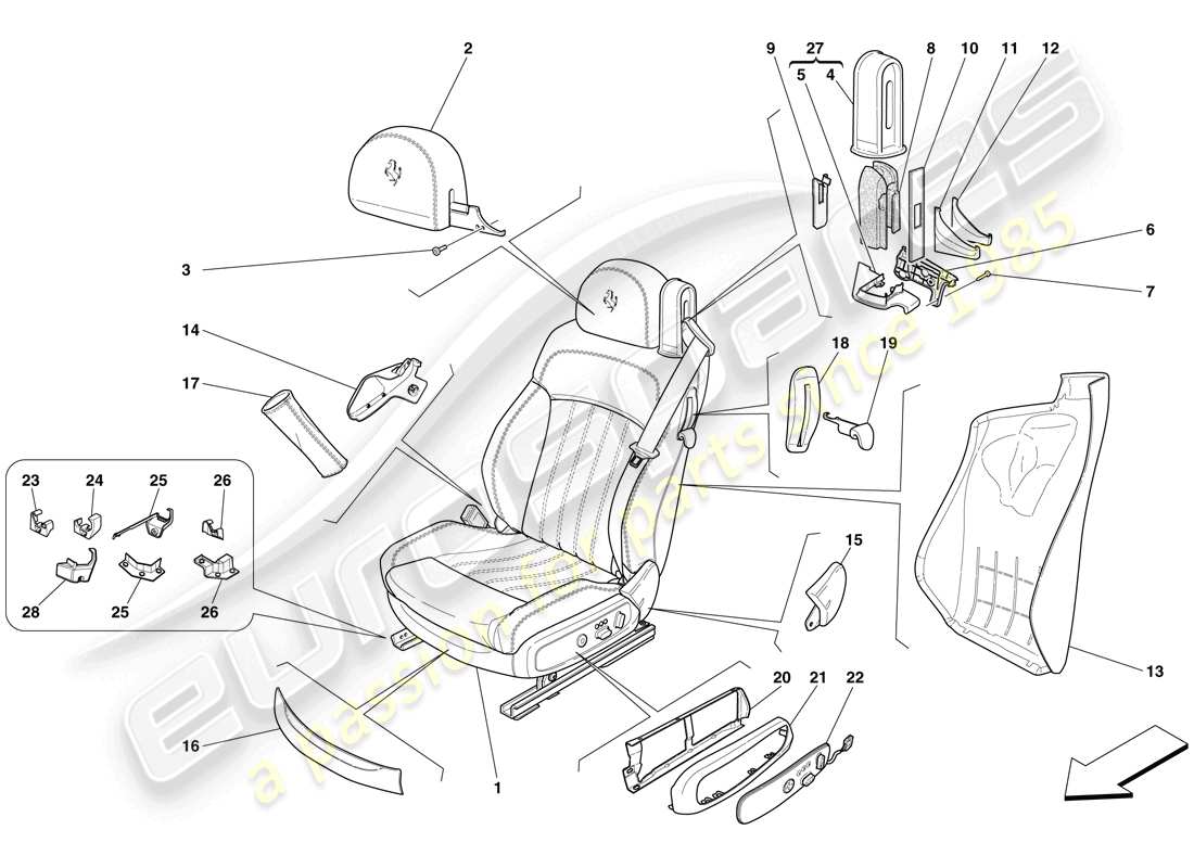 ferrari 612 sessanta (europe) siège avant électrique - garniture et accessoires schéma des pièces