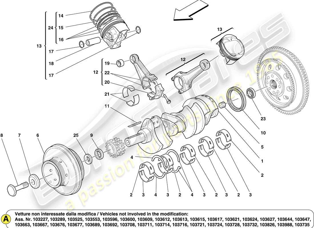 ferrari california (rhd) vilebrequin, bielles et pistons schéma des pièces