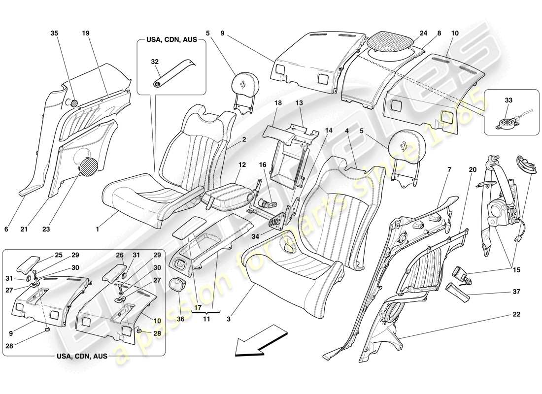 ferrari 612 sessanta (europe) siege arrière - ceintures de sécurité - schéma des pièces