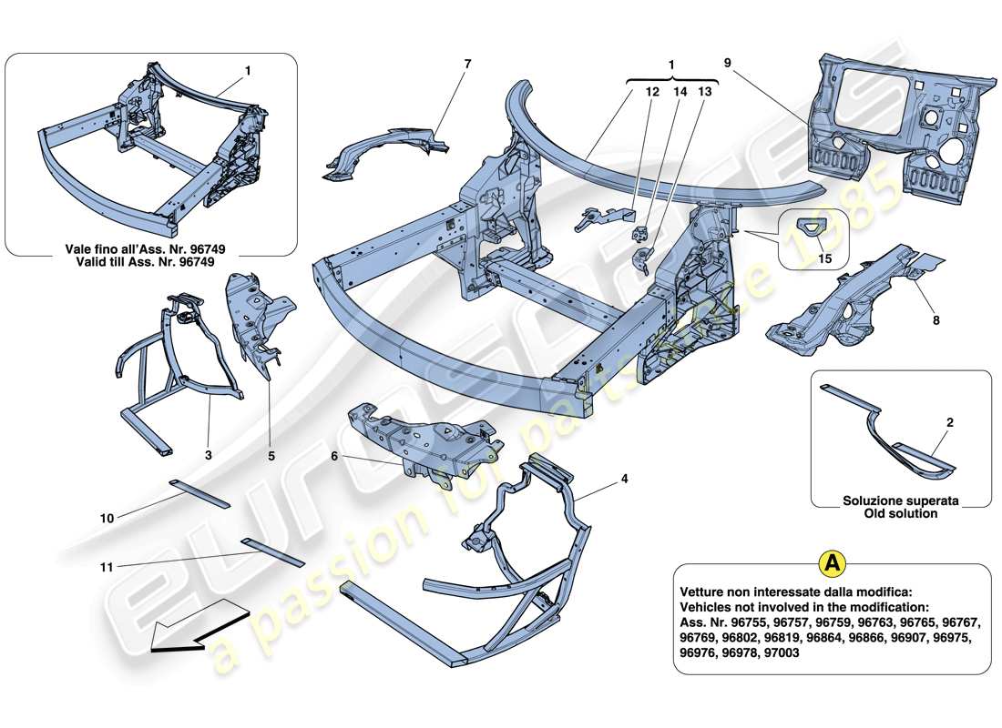 ferrari 458 italia (rhd) châssis - structure avant complète et panneaux schéma des pièces