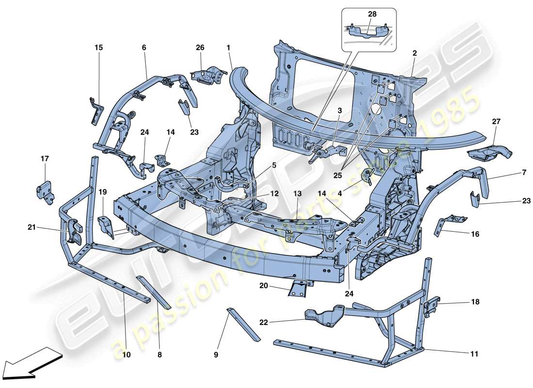 ferrari 488 spider (usa) châssis - structure avant complète et panneaux schéma des pièces