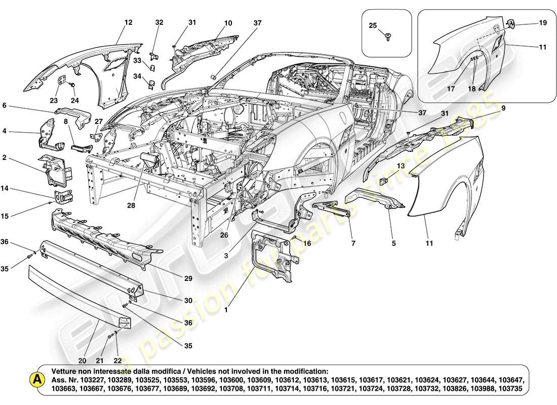 ferrari california (europe) carrosserie avant et garniture extérieure schéma des pièces