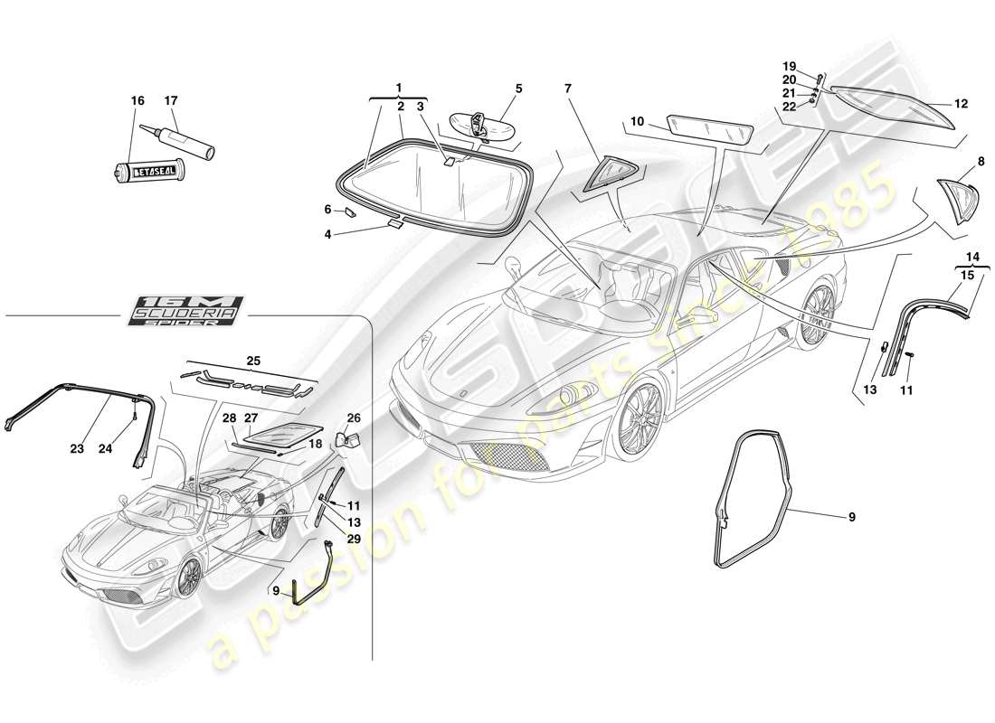 ferrari f430 scuderia (europe) écrans, fenêtres et joints schéma des pièces