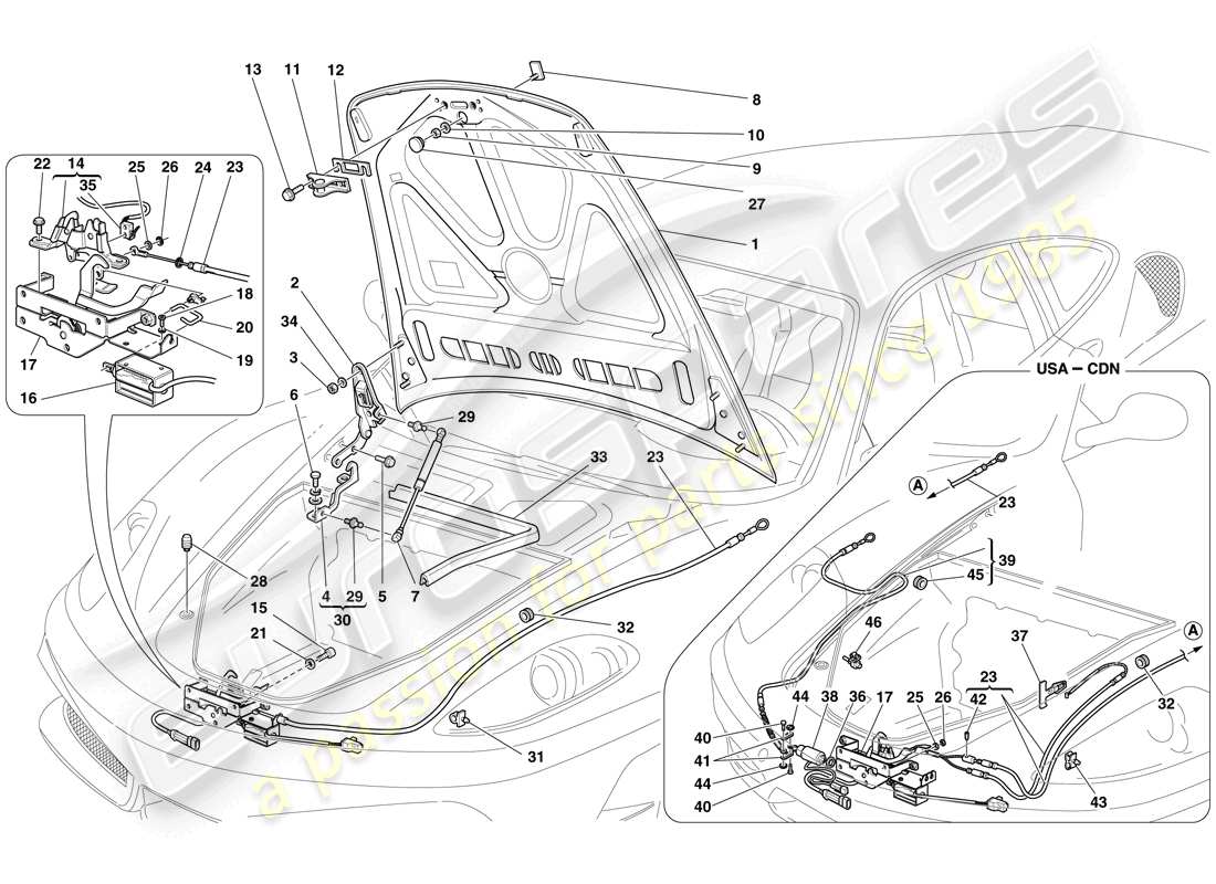 ferrari f430 scuderia (rhd) couvercle avant et mécanisme d'ouverture schéma des pièces