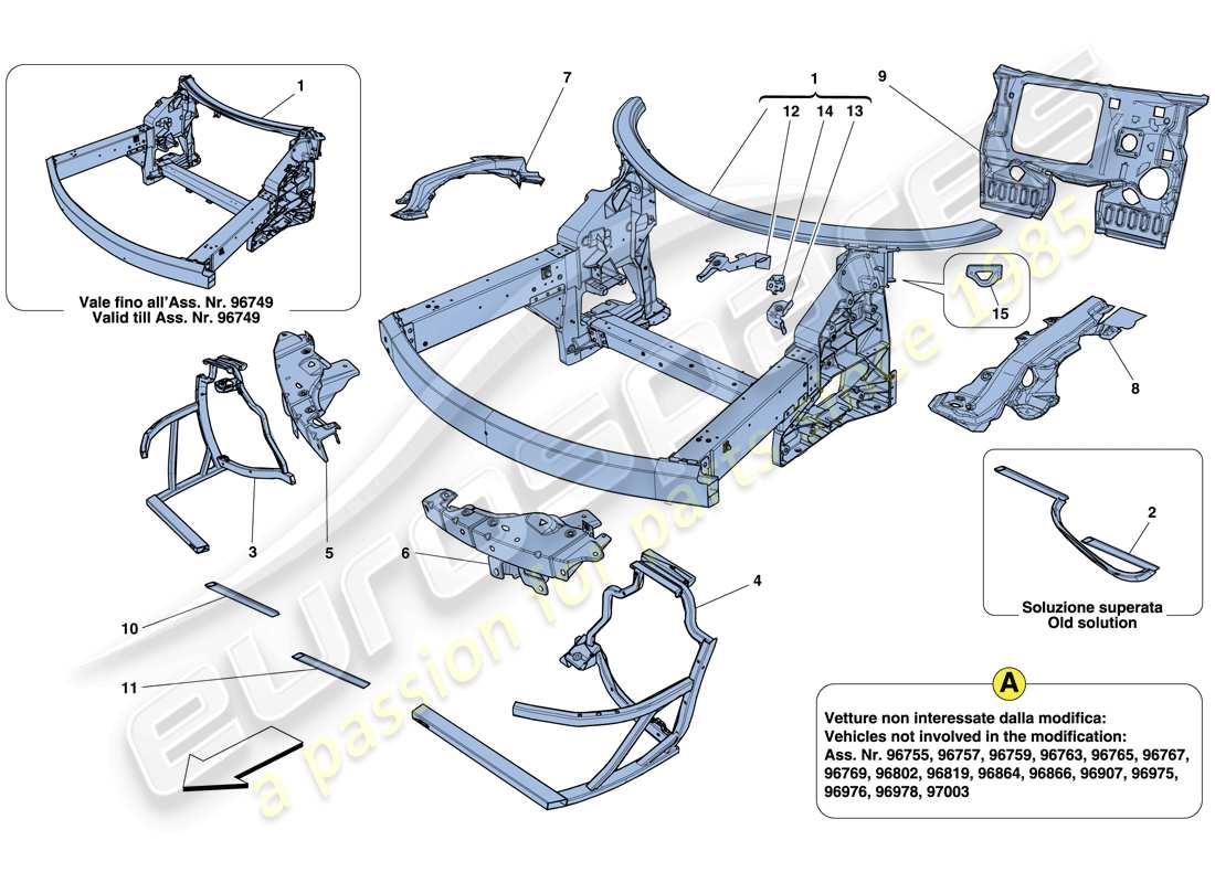 ferrari 458 italia (usa) châssis - structure avant complète et panneaux schéma des pièces