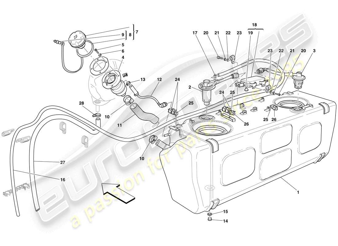 ferrari 612 sessanta (rhd) réservoir de carburant - col de remplissage et tuyaux schéma des pièces