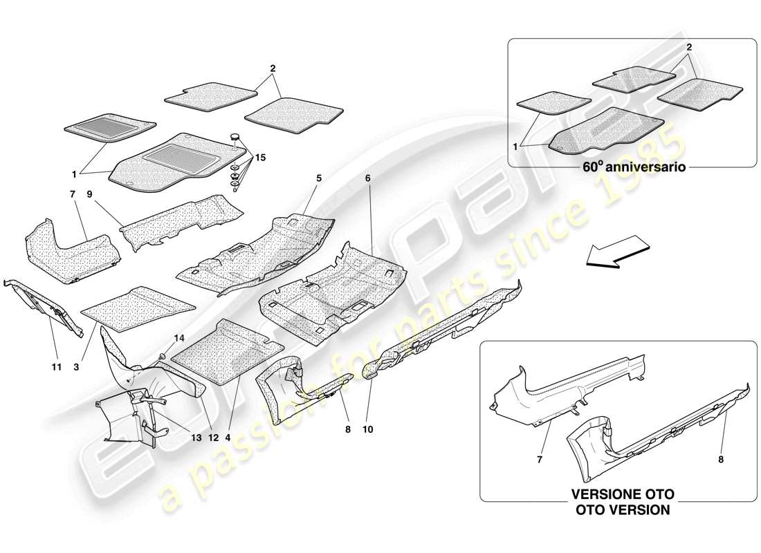 ferrari 612 sessanta (europe) garniture et tapis de compartiment passagers schéma des pièces